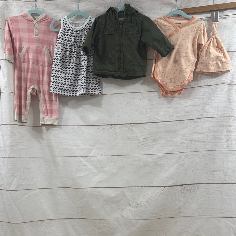 Bundle of Girls Baby Clothing Set with Pink, Green, and Peach Outfits